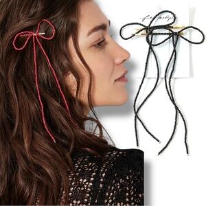 Free People Coquette Dainty Beaded Bow Bobby Pins in Black NWT Dangle